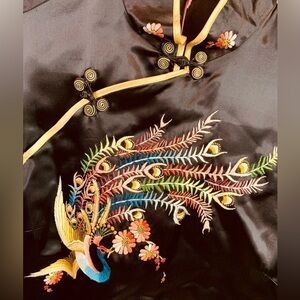 Vintage Golden Bee Embroidered Colorful Peacock Rayon Shirt Small
